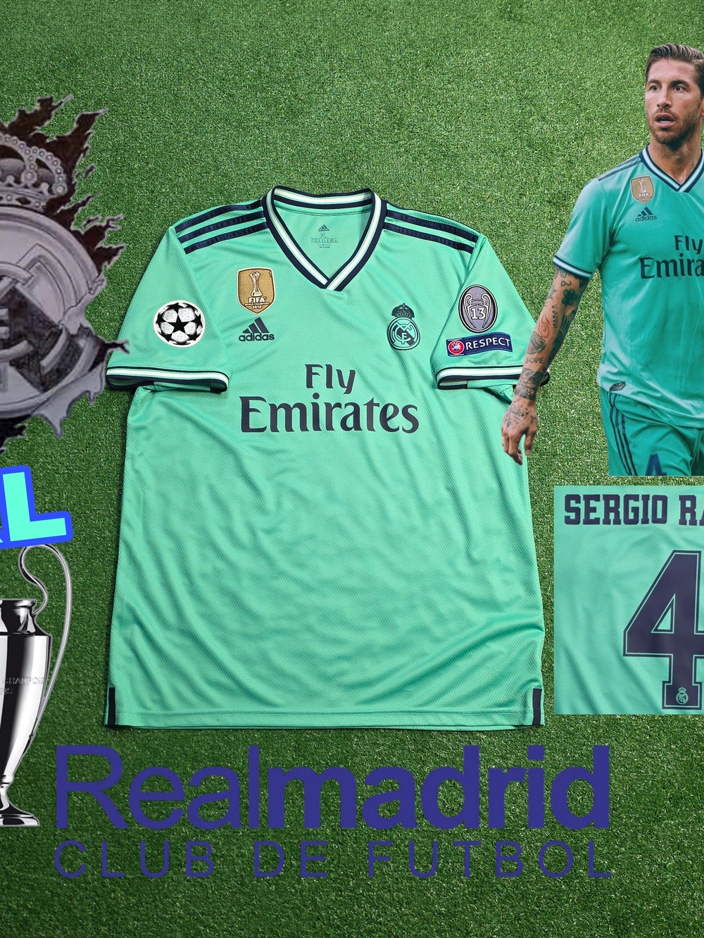 Adidas Real Madrid CF Sergio Ramos #4 2019/2020 Third Green Jersey UCL Patches